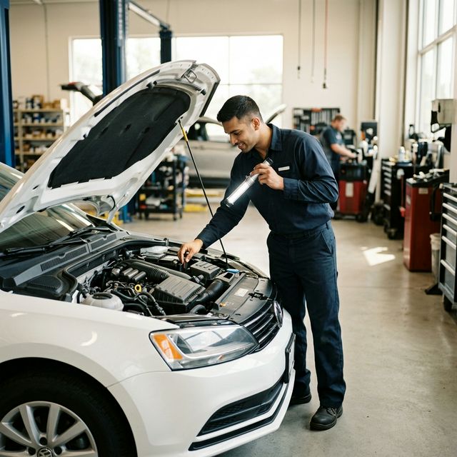 Mechanic inspecting car